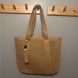 Boho Woven Beach Style Tote Bag with Tassel (Tan)